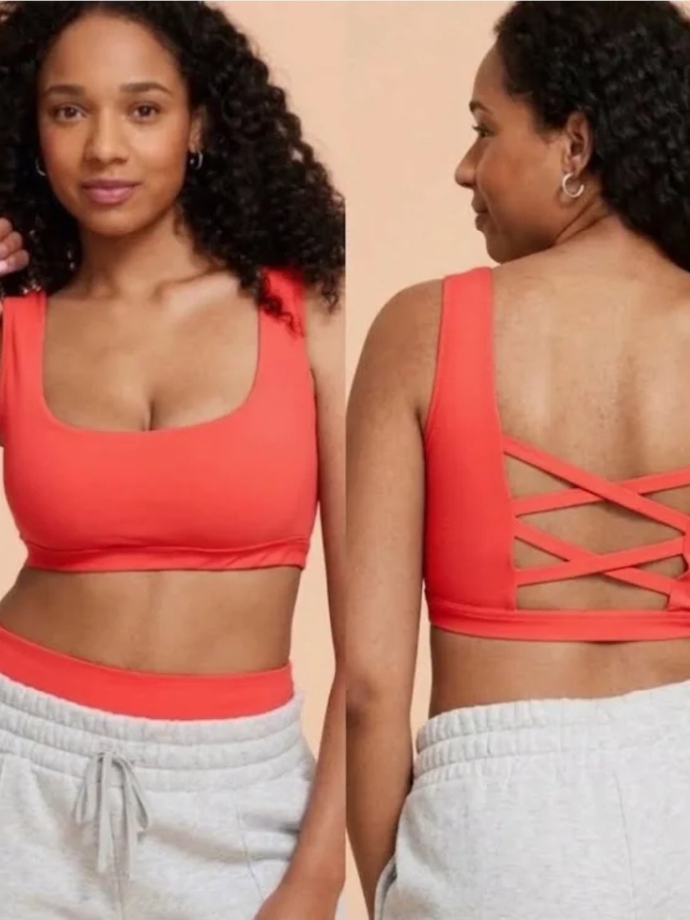 Blogilates Crisscross Sports Bra Low Square Neck Stretchy Spicy Orange